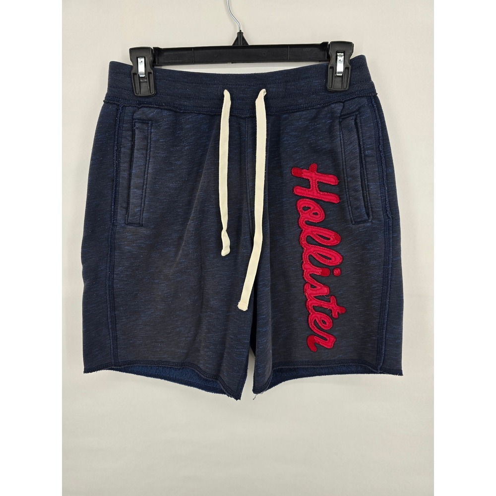Hollister Mens XS Navy Blue Marl Sweat Shorts Red Embroidered Logo Drawstring